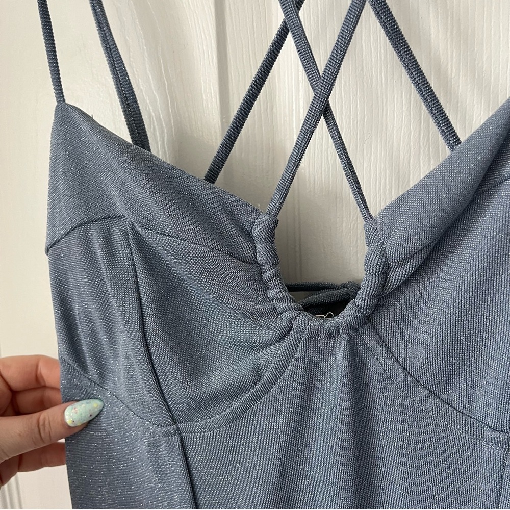 NWOT Lulus Fantastic Figure Shiny Light Blue Tie-Back Bodycon Mini Dress size L - Picture 3 of 7